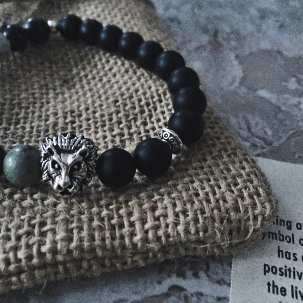 Silver Lion Head 8mm Jasper, Matte Black Onyx Natural Stone Beaded Bracelet